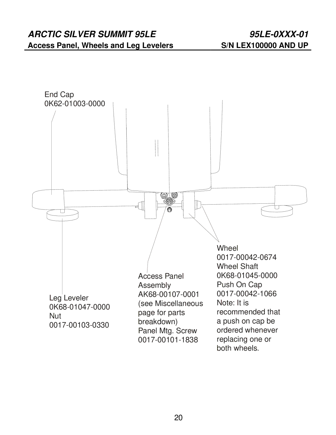 Life Fitness 95LE-0XXX-01 manual Access Panel, Wheels and Leg Levelers LEX100000 and UP 