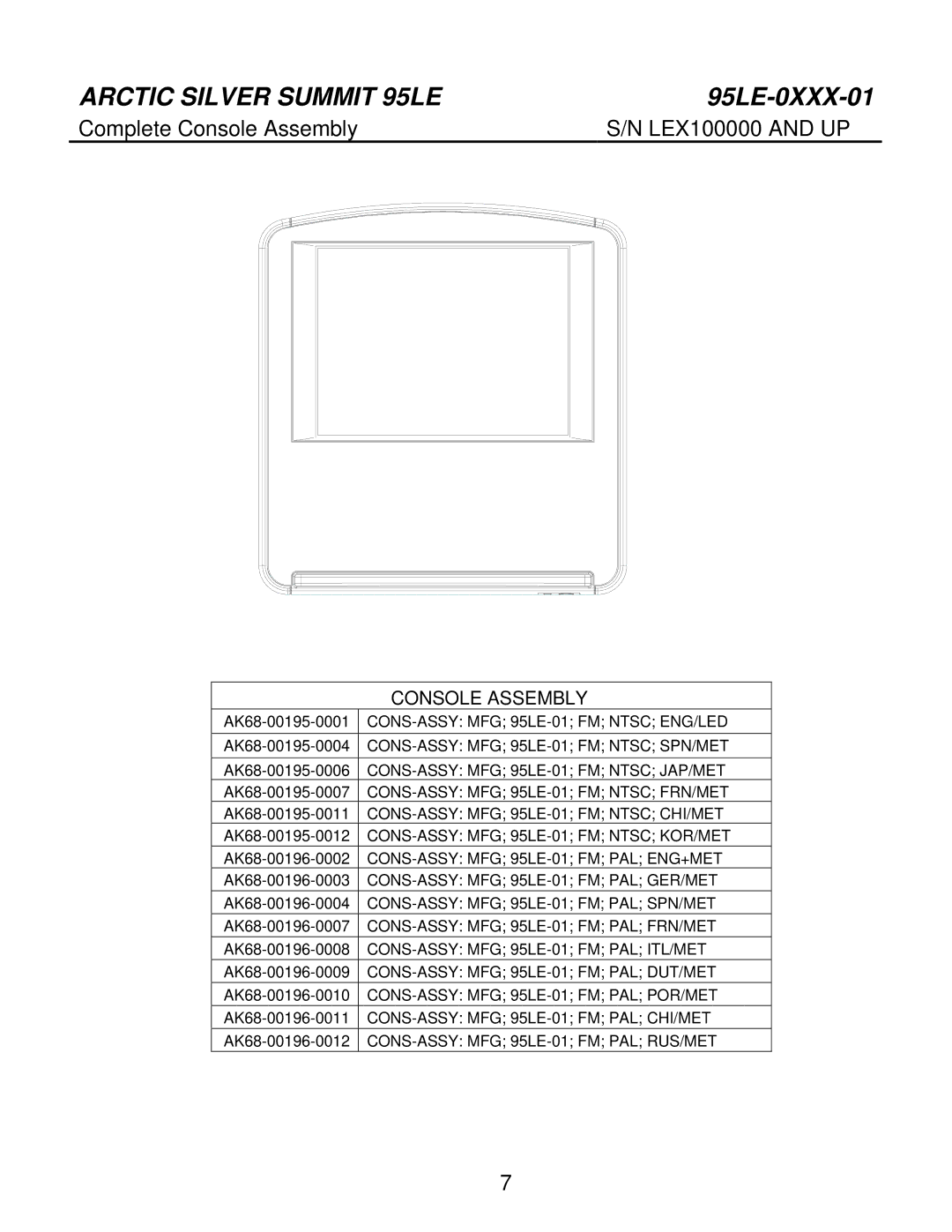 Life Fitness 95LE-0XXX-01 manual Complete Console Assembly LEX100000 and UP 