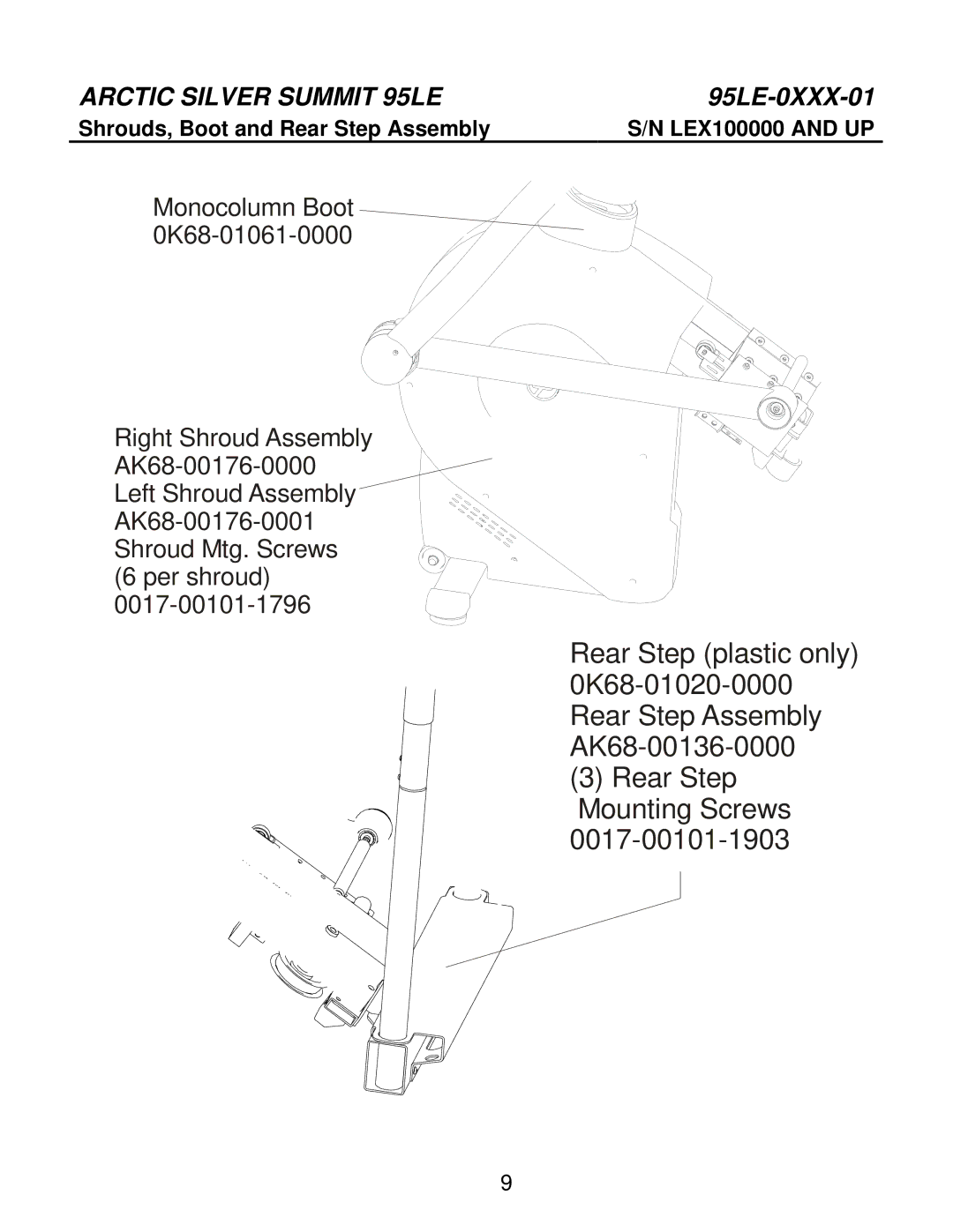 Life Fitness 95LE-0XXX-01 manual Shrouds, Boot and Rear Step Assembly LEX100000 and UP 