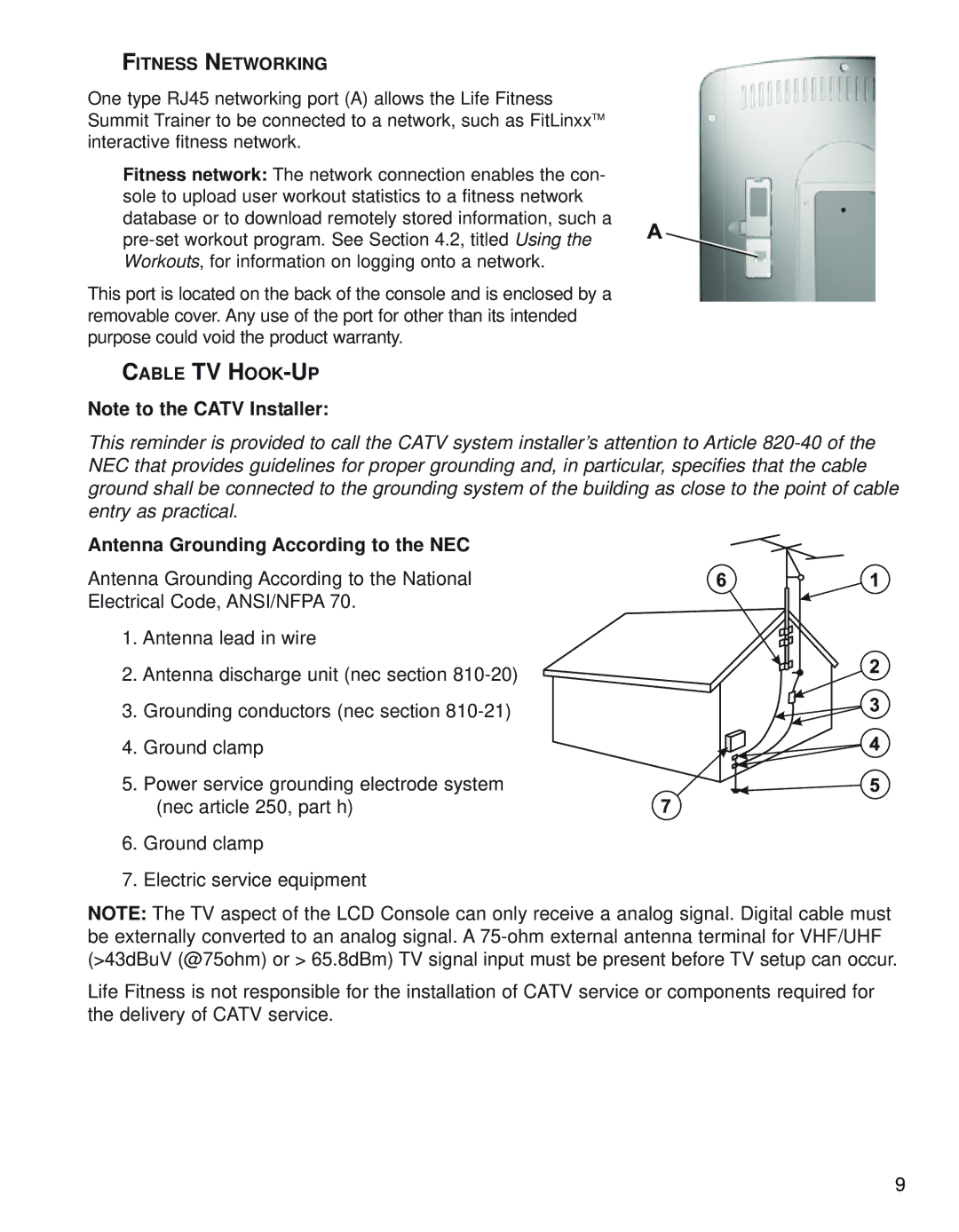 Life Fitness 95Le operation manual Fitness Networking, Cable TV HOOK-UP 