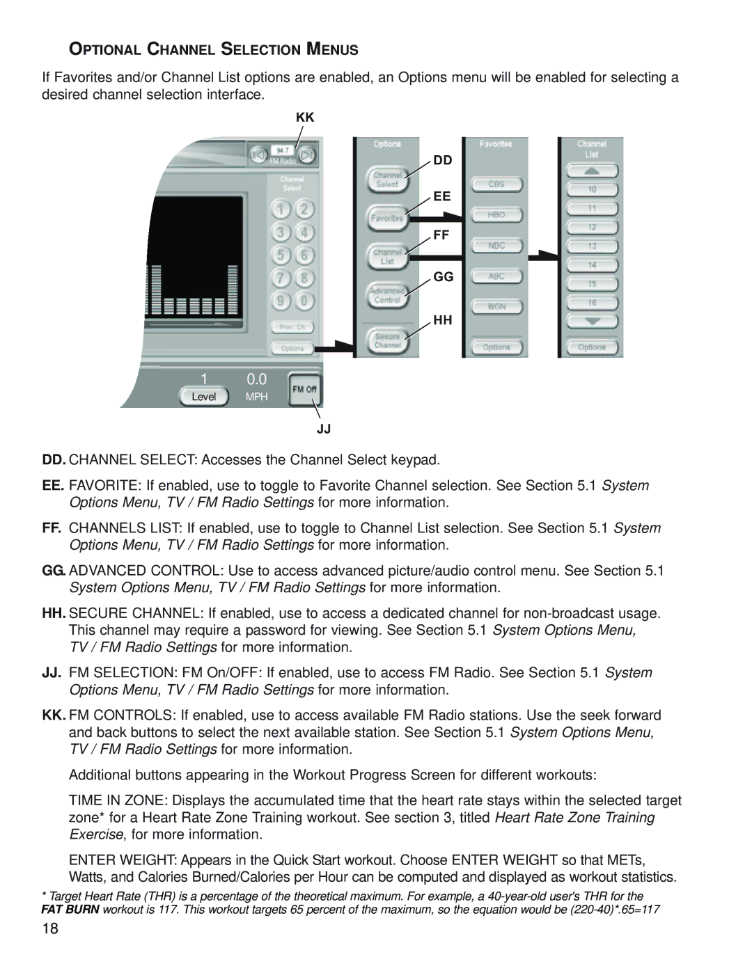 Life Fitness 95Le operation manual Optional Channel Selection Menus 