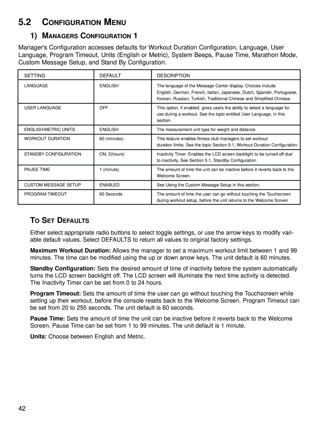 Life Fitness 95Le operation manual Configuration Menu, Managers Configuration, To SET Defaults 