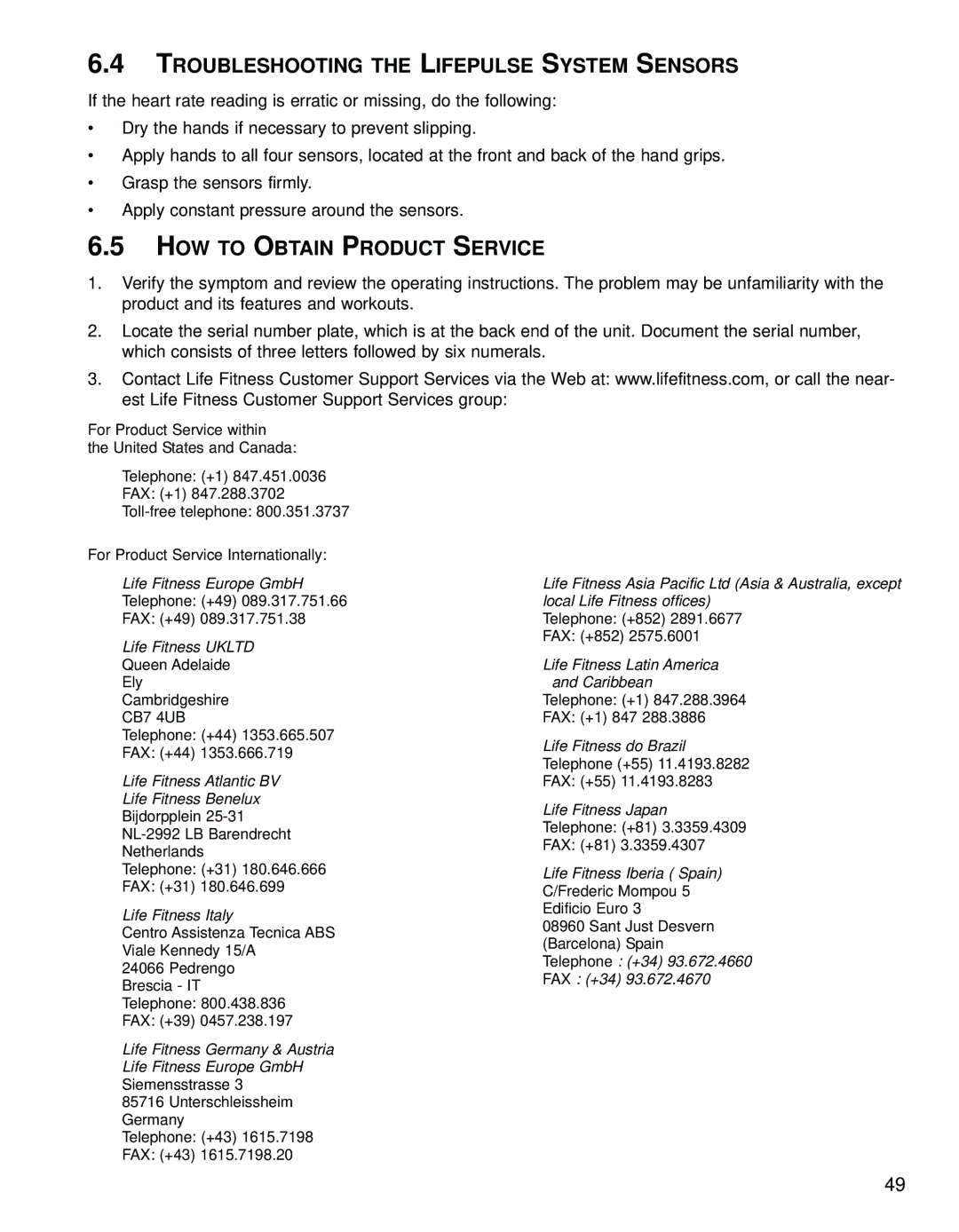 Life Fitness 95Le operation manual Troubleshooting the Lifepulse System Sensors, HOW to Obtain Product Service 