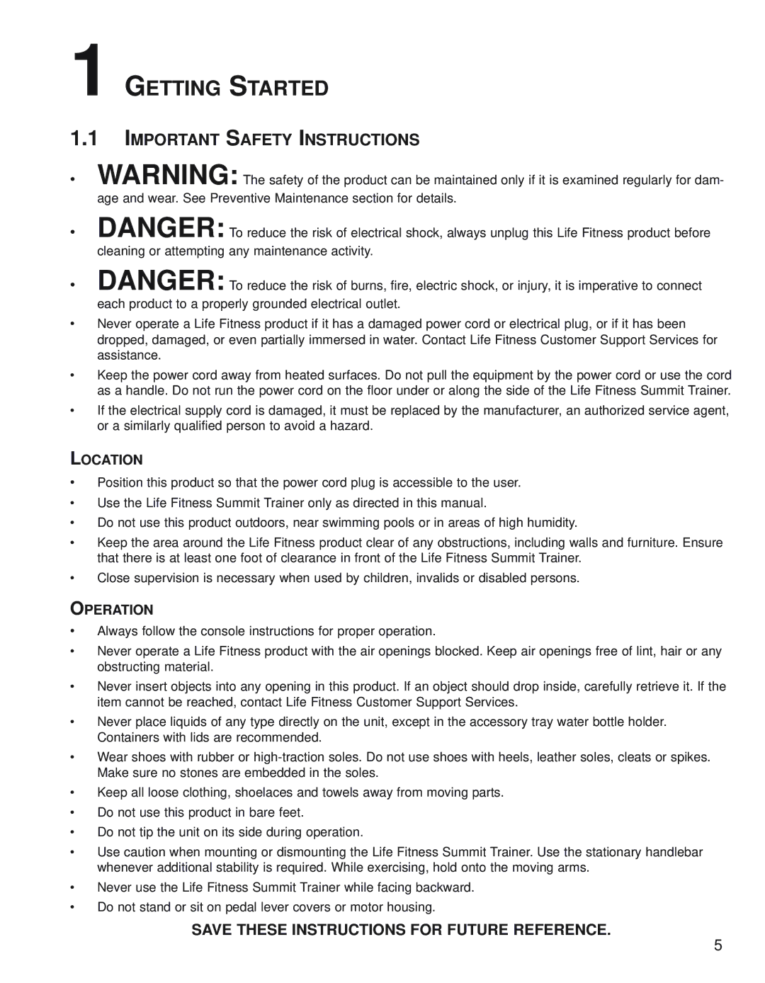 Life Fitness 95Le operation manual Getting Started, Important Safety Instructions, Location, Operation 