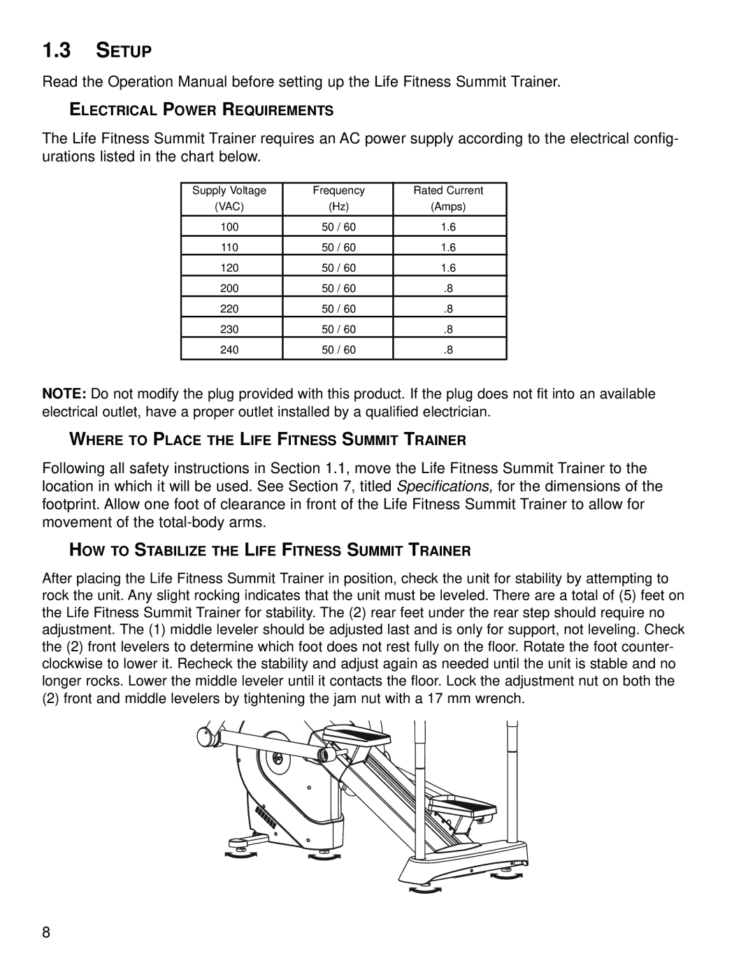 Life Fitness 95Le operation manual Setup, Electrical Power Requirements, Where to Place the Life Fitness Summit Trainer 