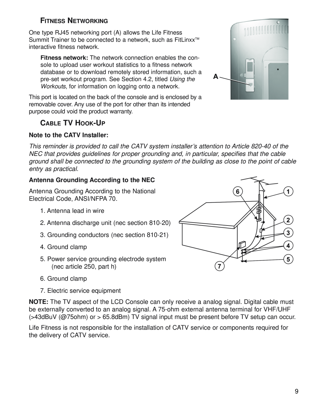 Life Fitness 95Le operation manual Note to the CATV Installer, Antenna Grounding According to the NEC 