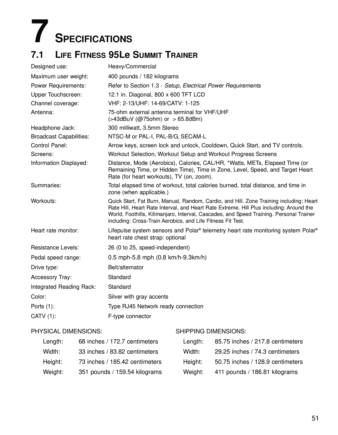 Life Fitness operation manual Specifications, LIFE FITNESS 95Le SUMMIT TRAINER 