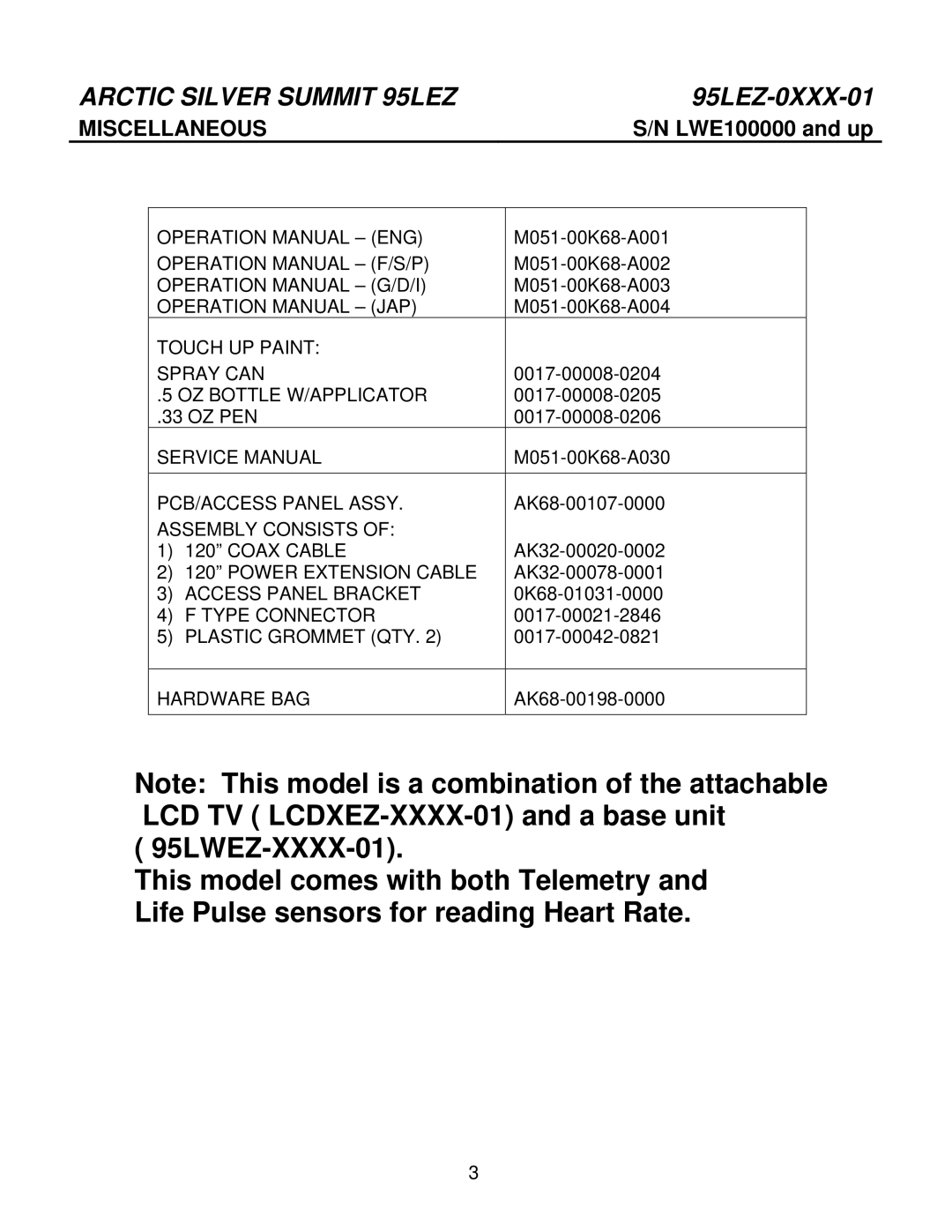 Life Fitness 95LEZ-0XXX-01 manual Miscellaneous 