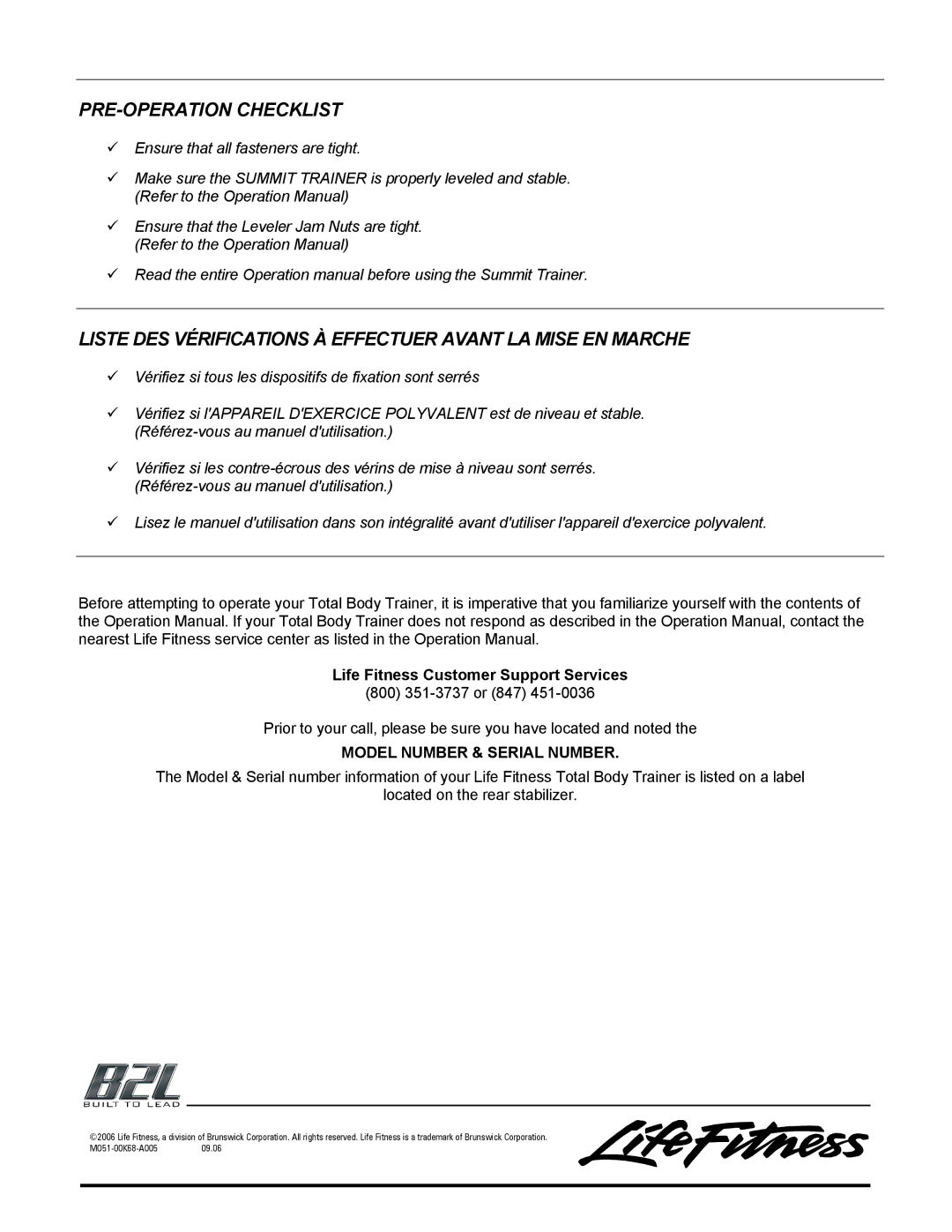 Life Fitness 95LI manual PRE-OPERATION Checklist 