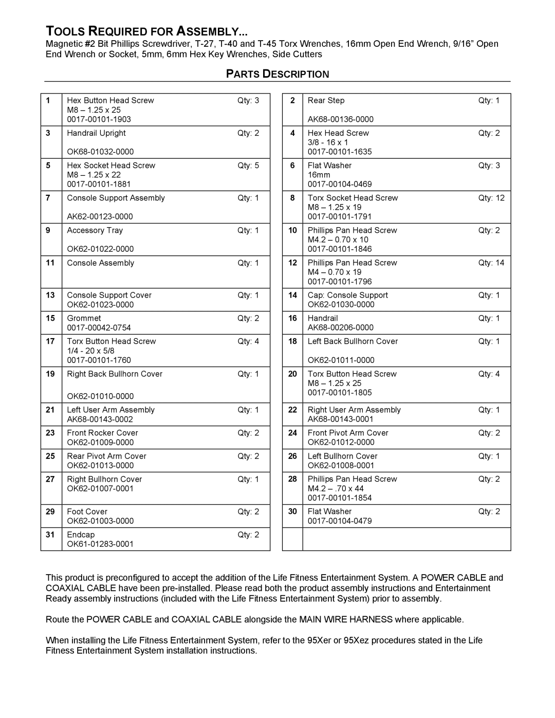 Life Fitness 95LI manual Tools Required for Assembly 