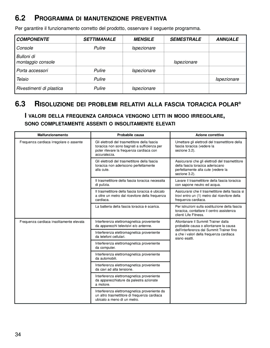 Life Fitness 95LI manual Programma DI Manutenzione Preventiva, Risoluzione DEI Problemi Relativi Alla Fascia Toracica Polar 