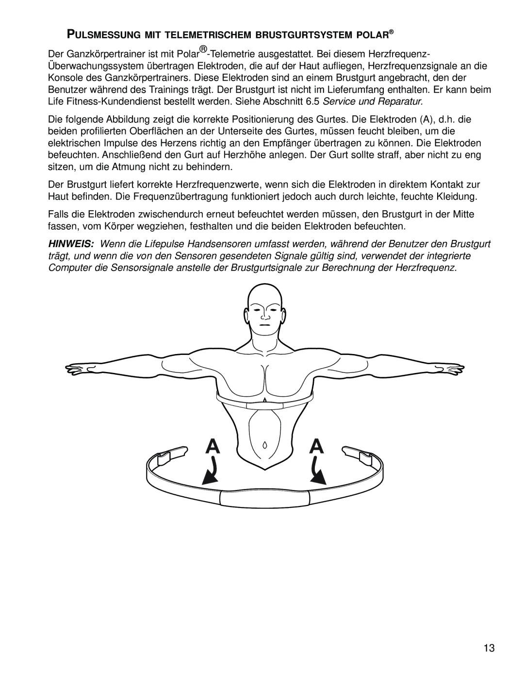 Life Fitness 95LI manual Pulsmessung MIT Telemetrischem Brustgurtsystem Polar 