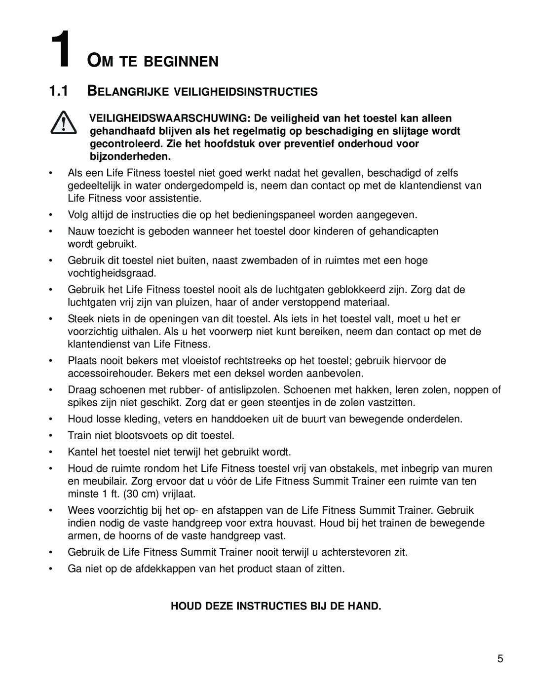 Life Fitness 95LI manual OM TE Beginnen, Belangrijke Veiligheidsinstructies 