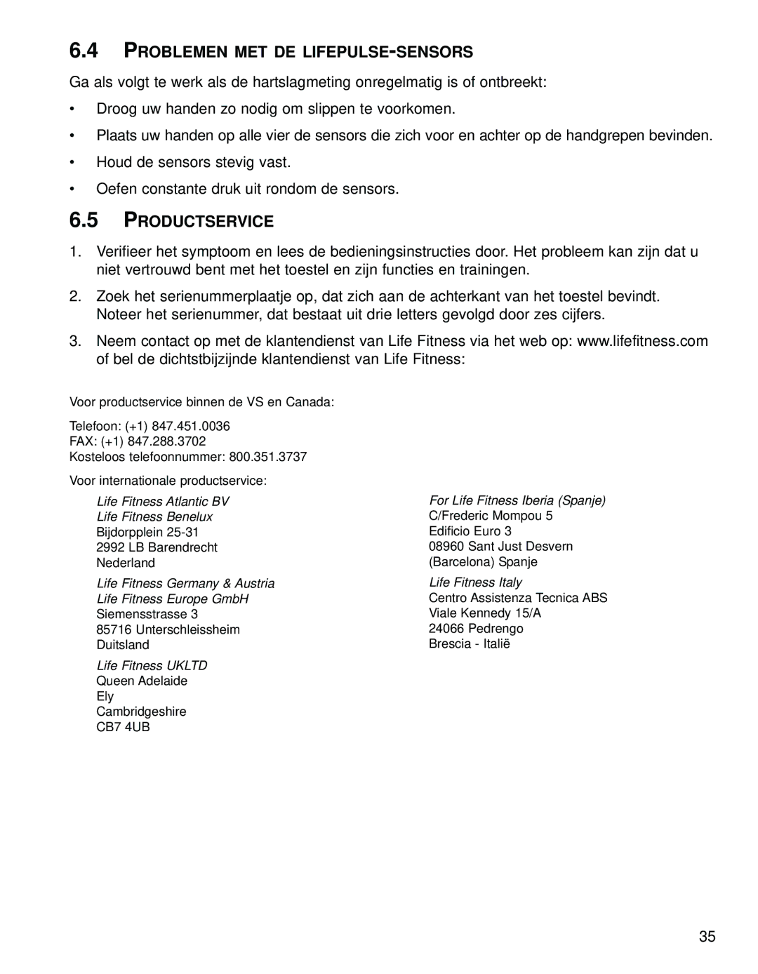 Life Fitness 95LI manual Problemen MET DE LIFEPULSE-SENSORS, Productservice 