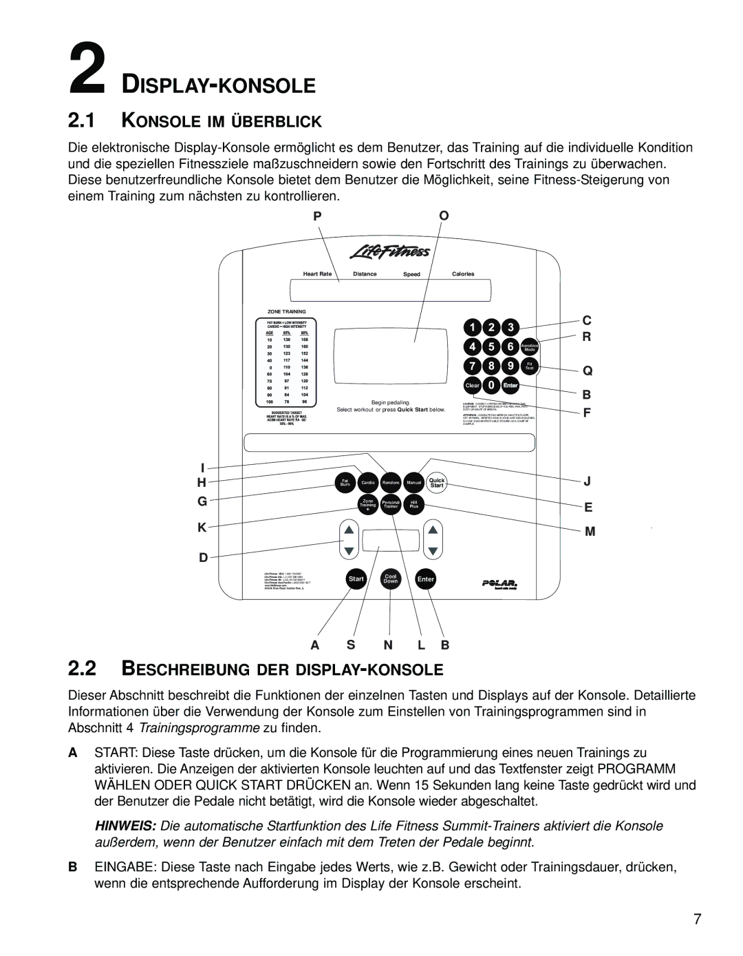 Life Fitness 95LI manual Display-Konsole, Konsole IM Überblick, Beschreibung DER DISPLAY-KONSOLE 