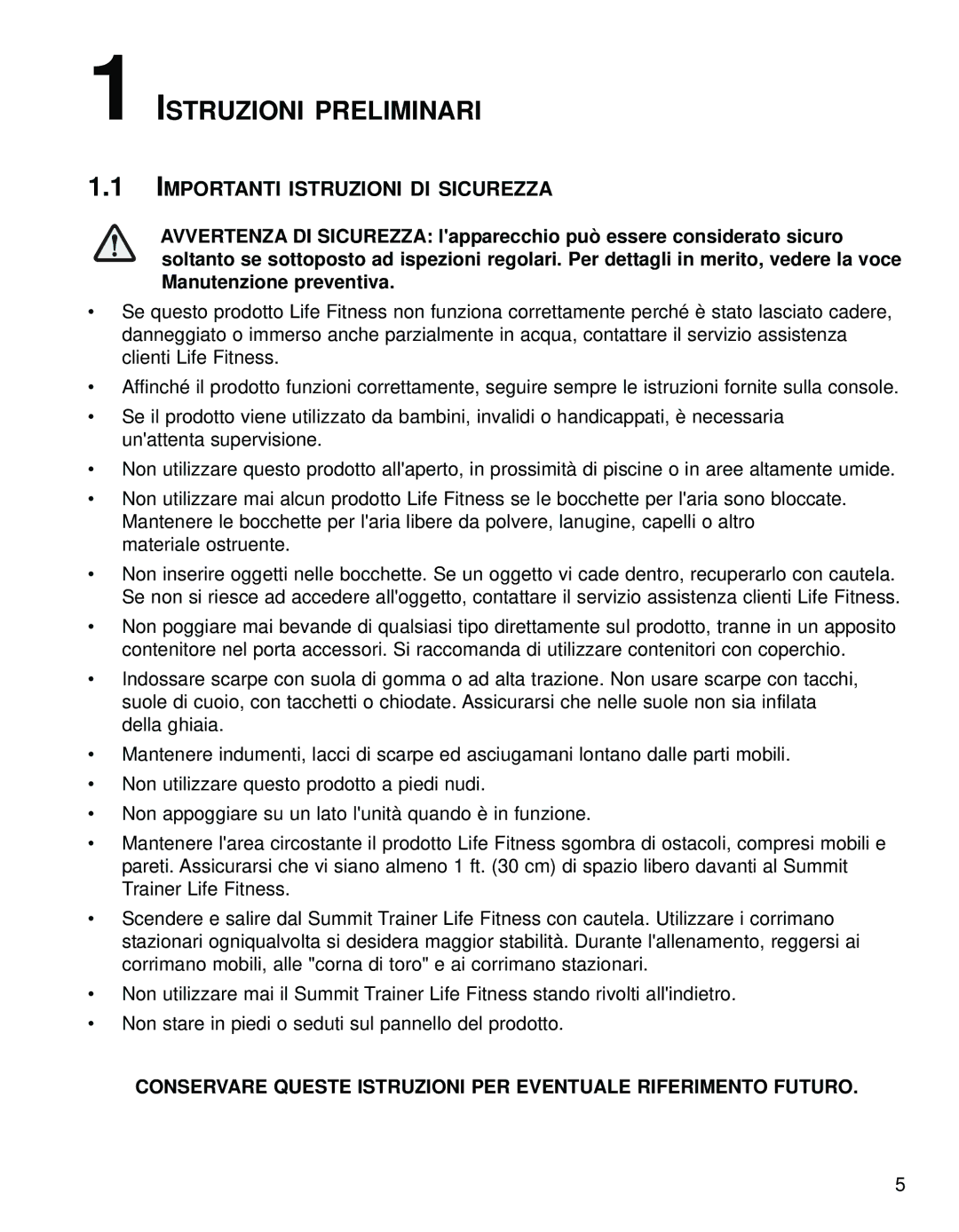 Life Fitness 95LI manual Istruzioni Preliminari, Importanti Istruzioni DI Sicurezza 