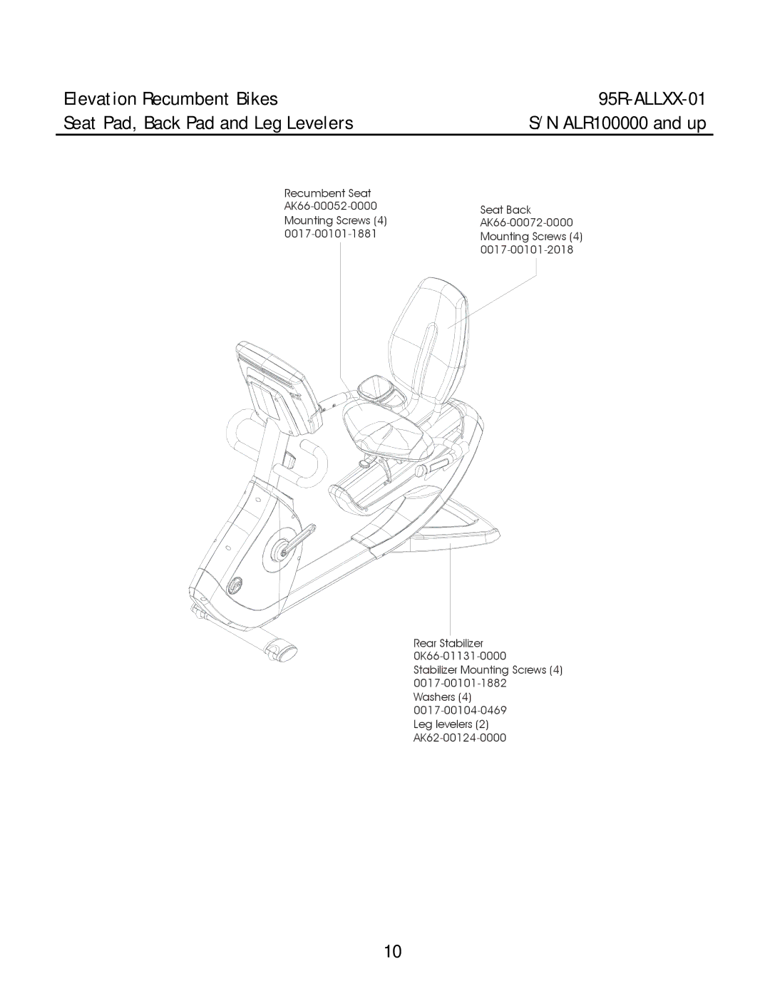 Life Fitness 95R-ALLXX-01 manual Recumbent Seat AK66-00052-0000 