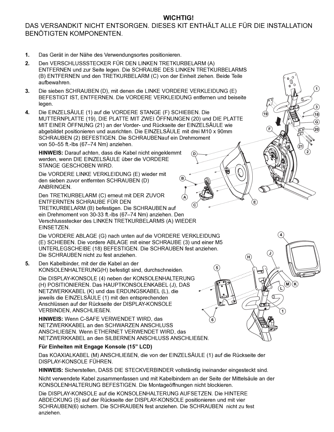 Life Fitness 95R manual Wichtig, Anbringen 