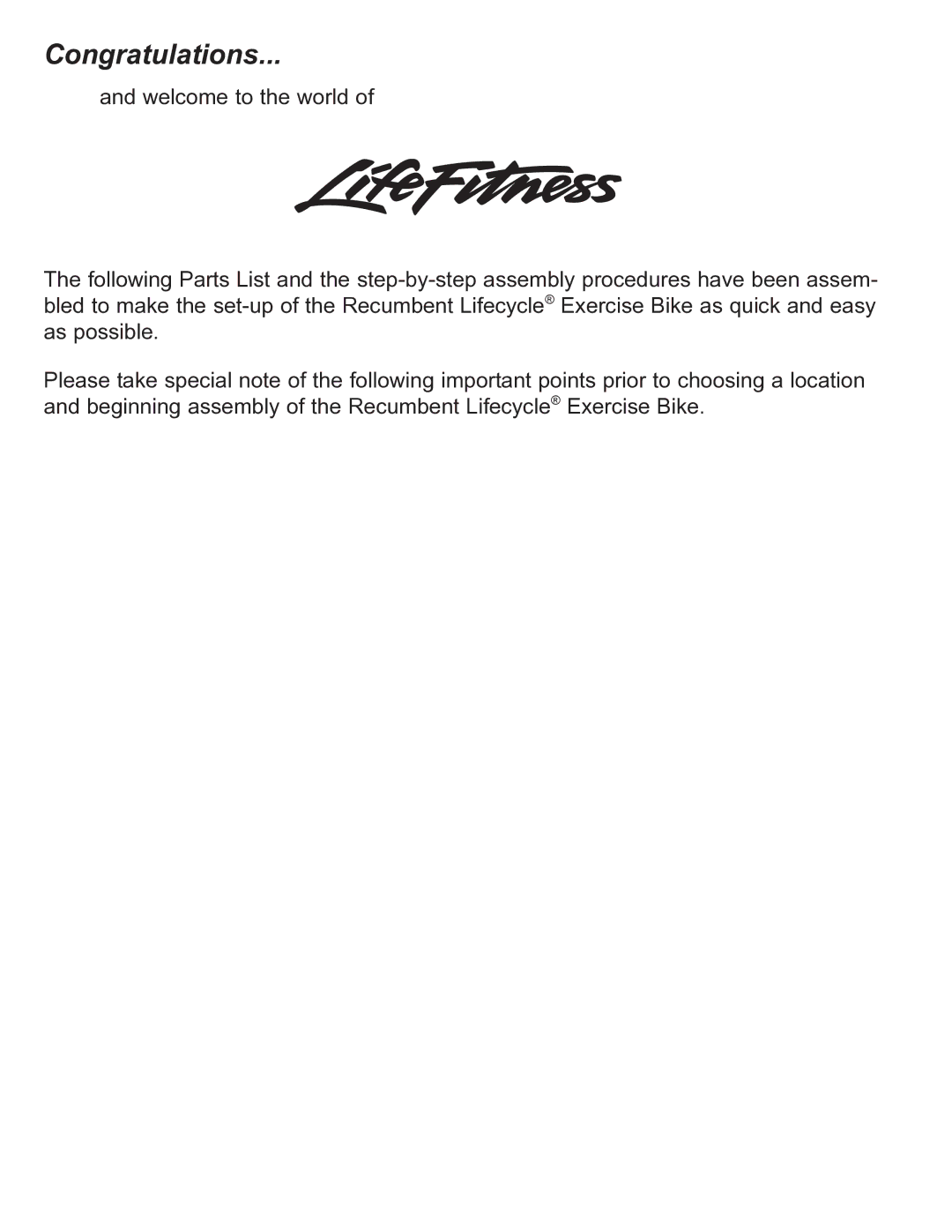 Life Fitness 95R manual Congratulations 