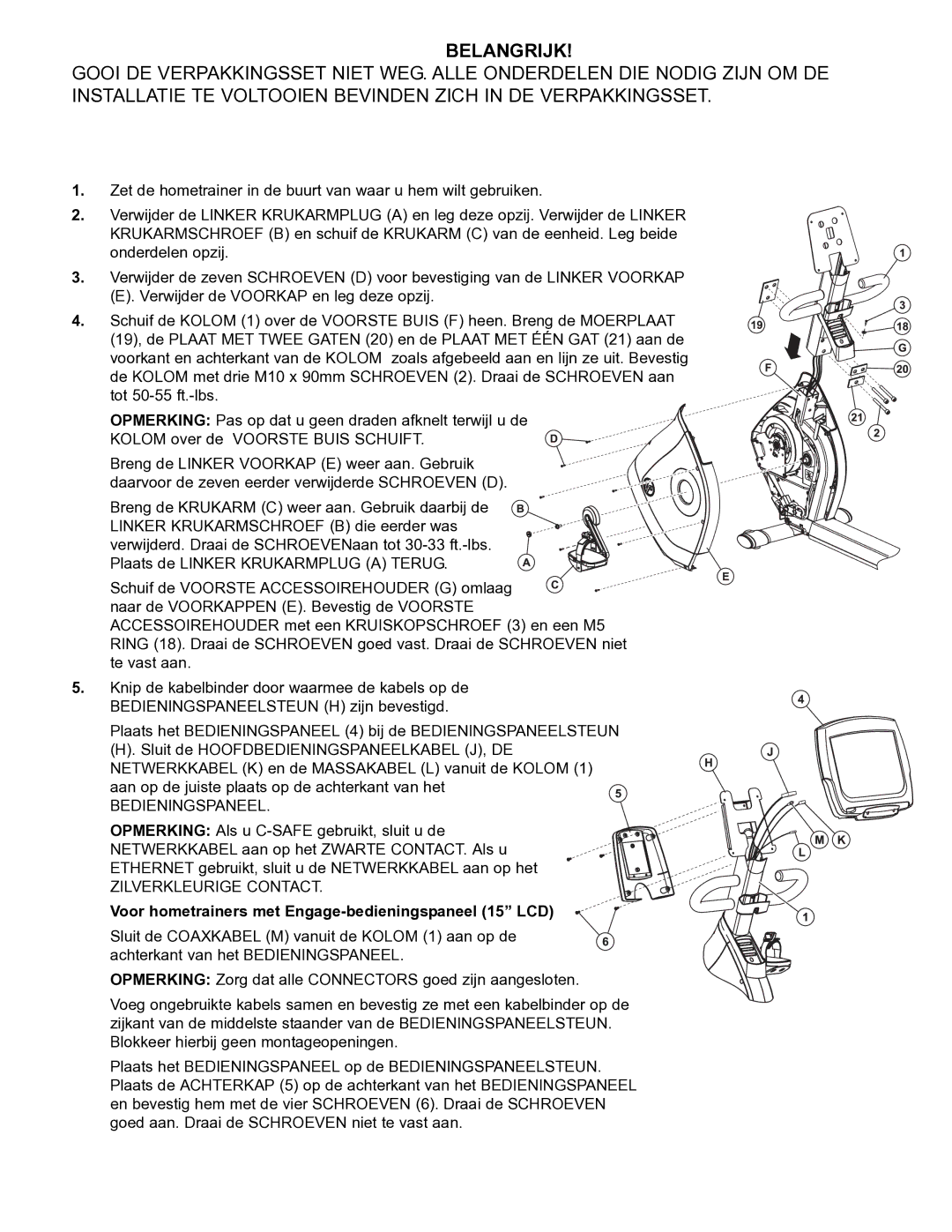 Life Fitness 95R manual Belangrijk, Bedieningspaneel 