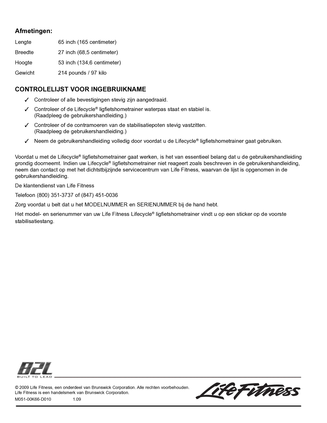 Life Fitness 95R manual Afmetingen, Controlelijst Voor Ingebruikname 