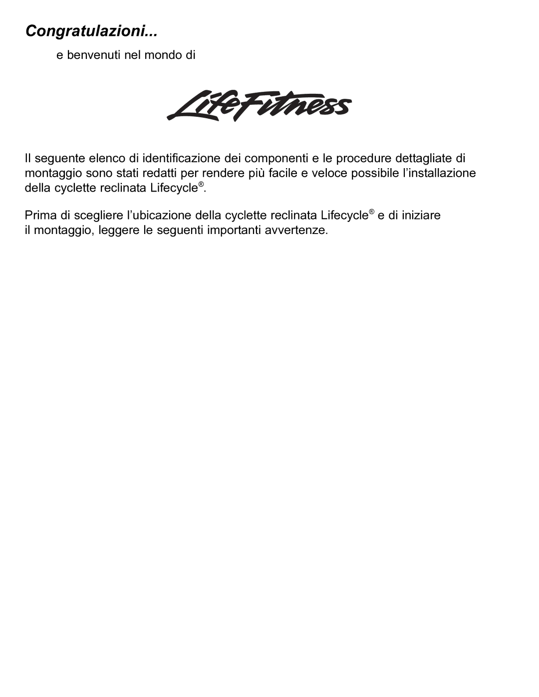 Life Fitness 95R manual Congratulazioni 