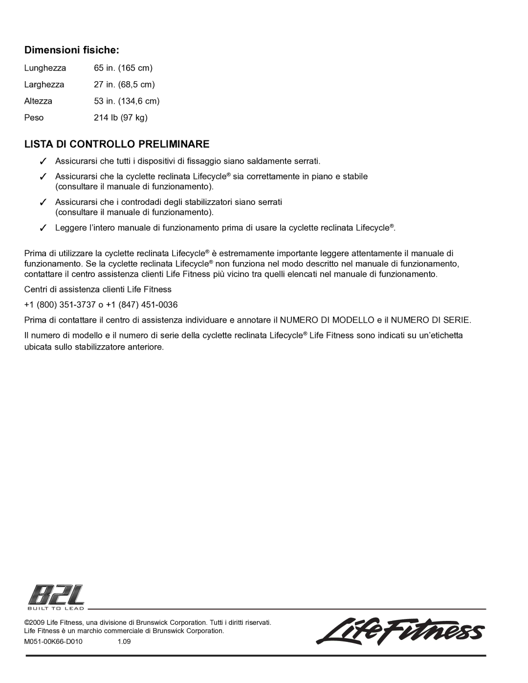 Life Fitness 95R manual Lista DI Controllo Preliminare 