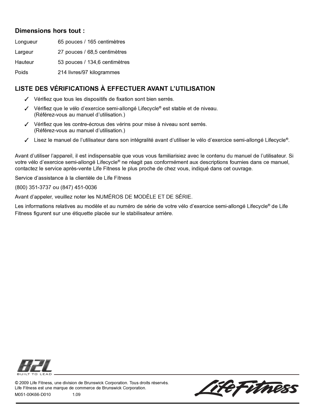 Life Fitness 95R manual Dimensions hors tout, Liste DES Vérifications À Effectuer Avant L’UTILISATION 