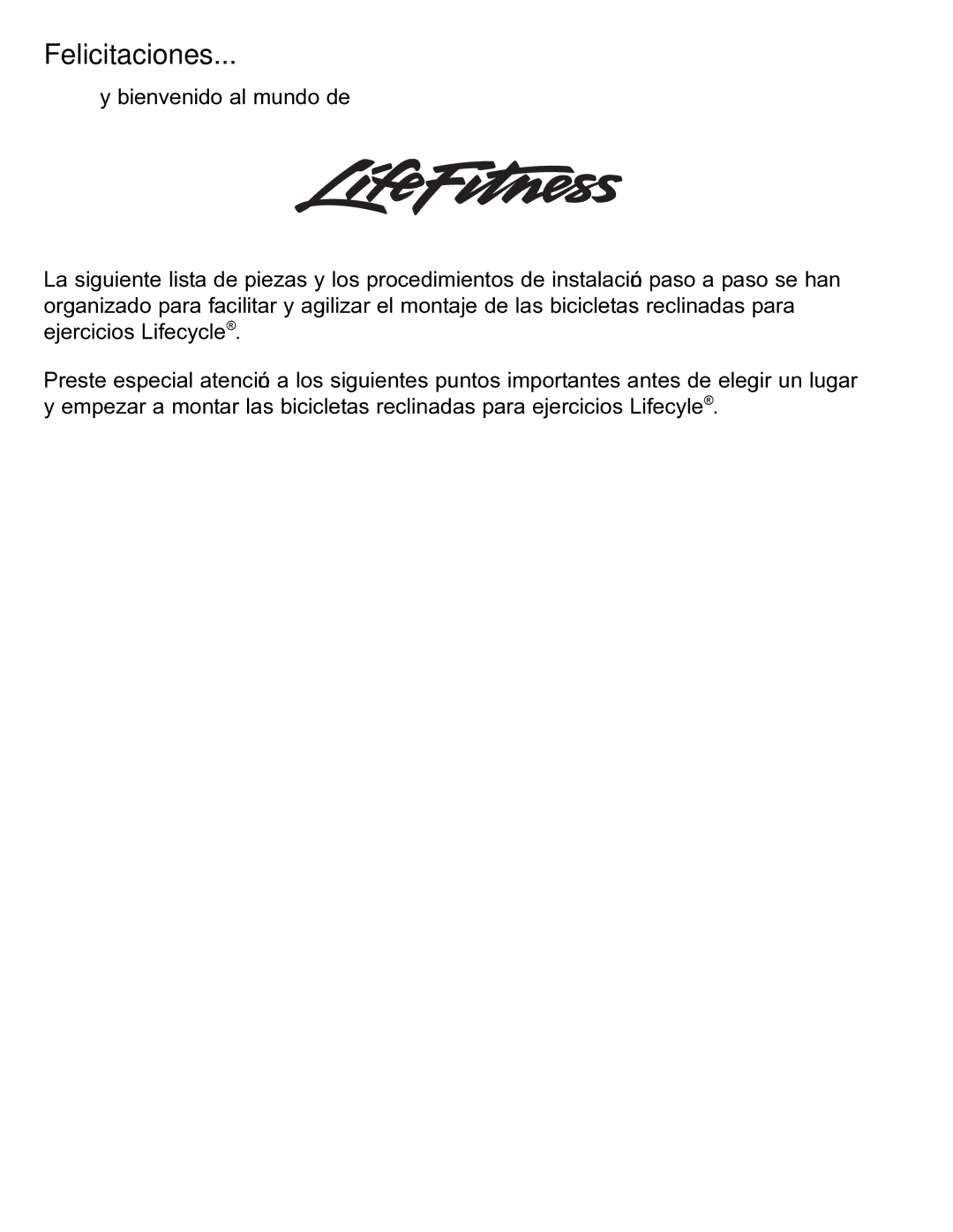 Life Fitness 95R manual Felicitaciones 