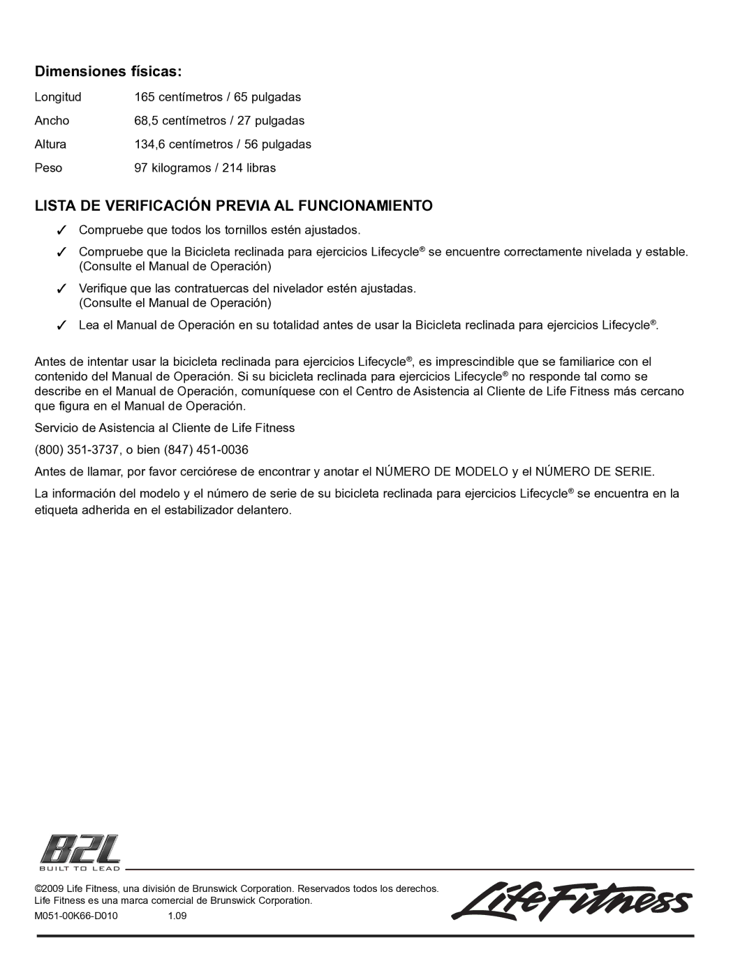 Life Fitness 95R manual Dimensiones físicas, Lista DE Verificación Previa AL Funcionamiento 