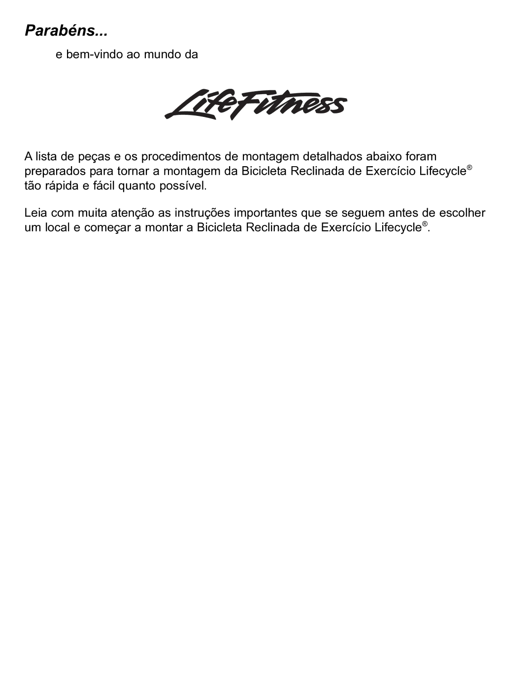 Life Fitness 95R manual Parabéns 