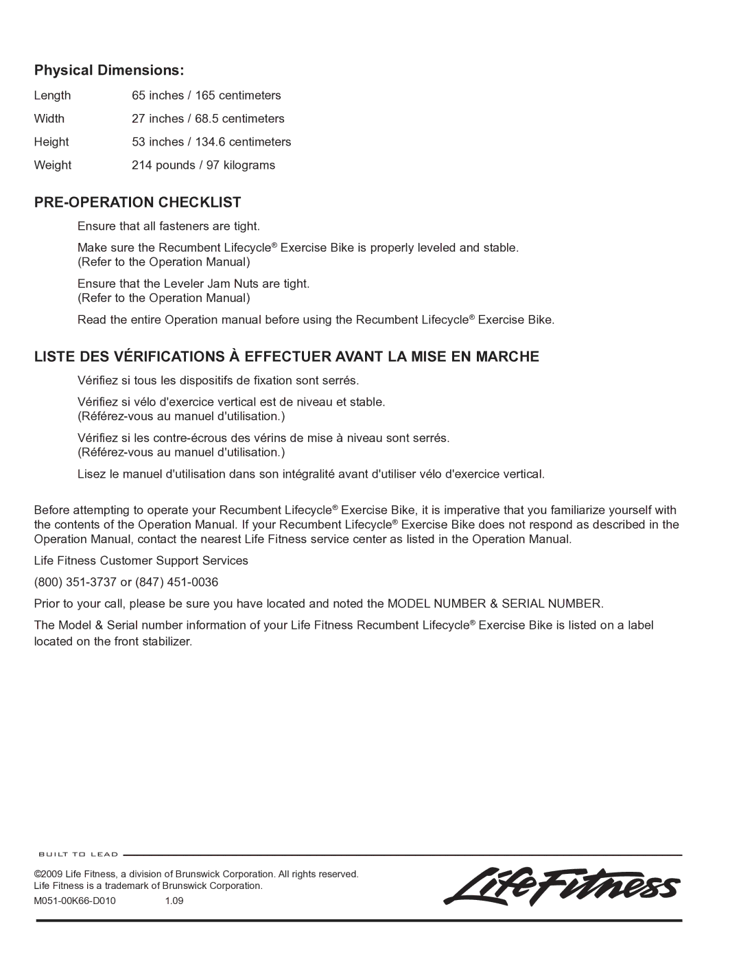 Life Fitness 95R manual PRE-OPERATION Checklist 