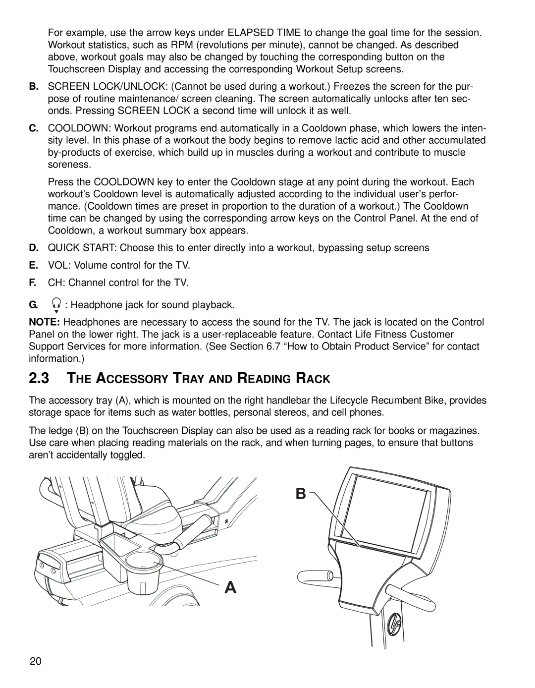 Life Fitness 95Re operation manual Accessory Tray and Reading Rack 