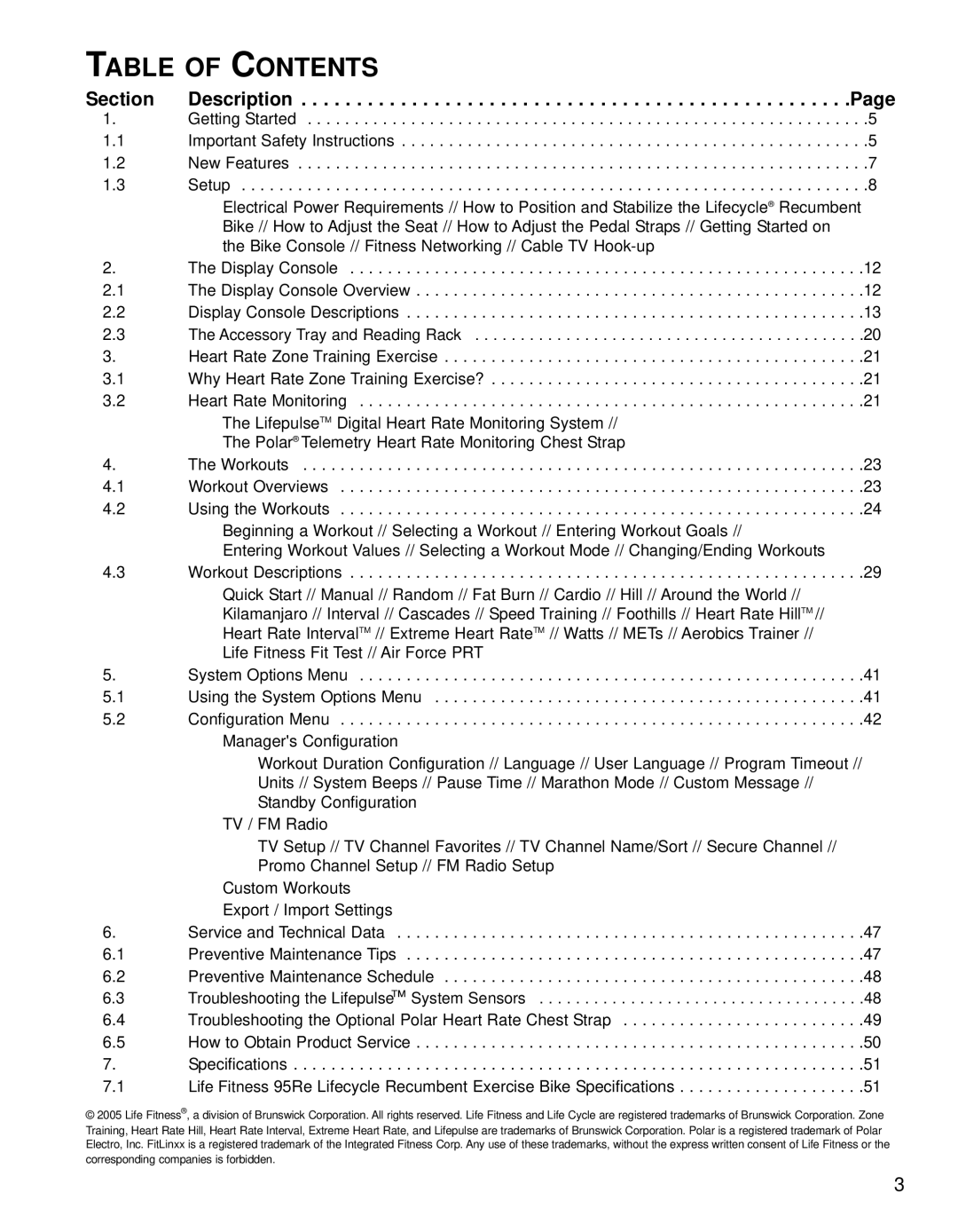 Life Fitness 95Re operation manual Table of Contents 