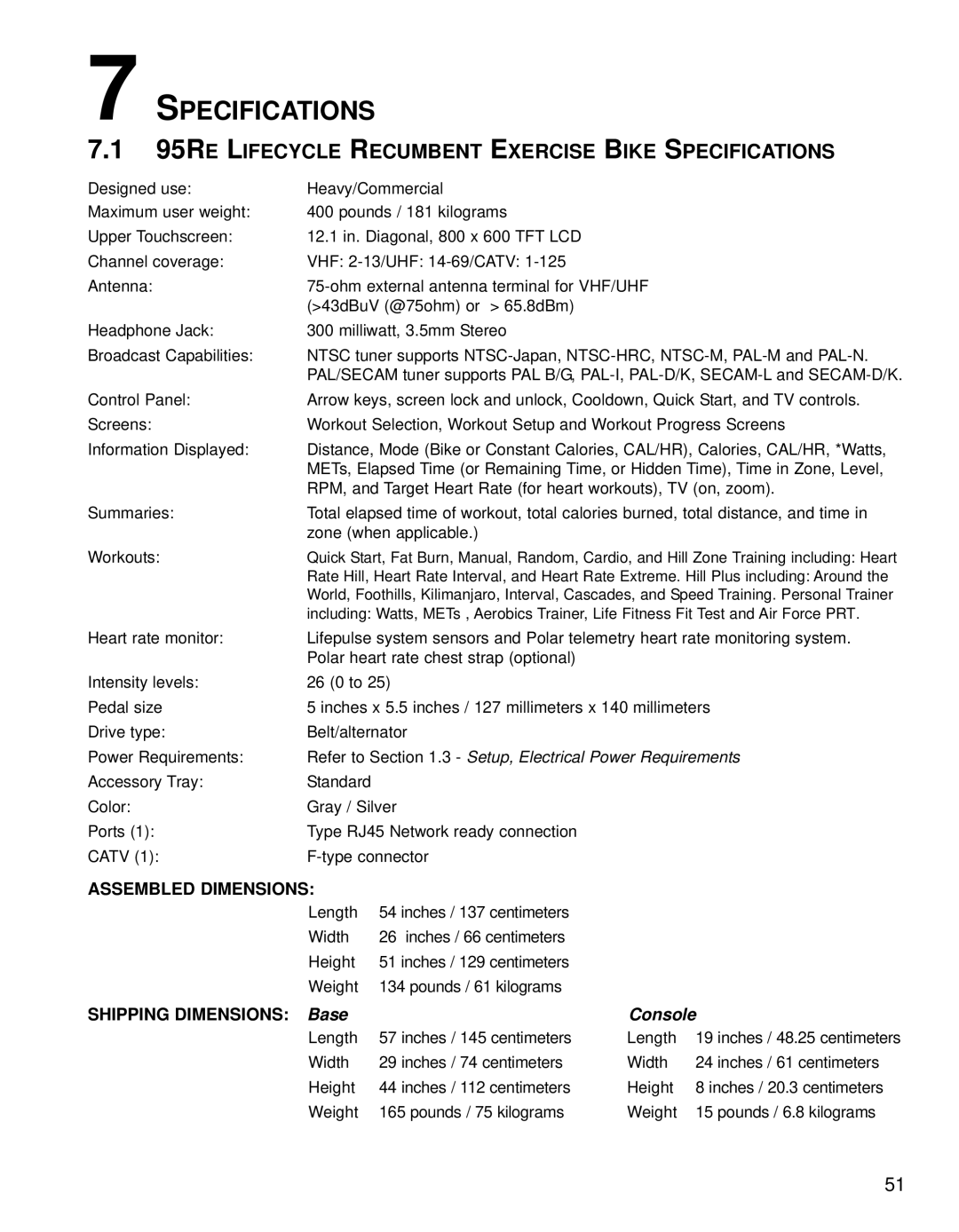 Life Fitness 95Re operation manual 95RE Lifecycle Recumbent Exercise Bike Specifications, Assembled Dimensions 