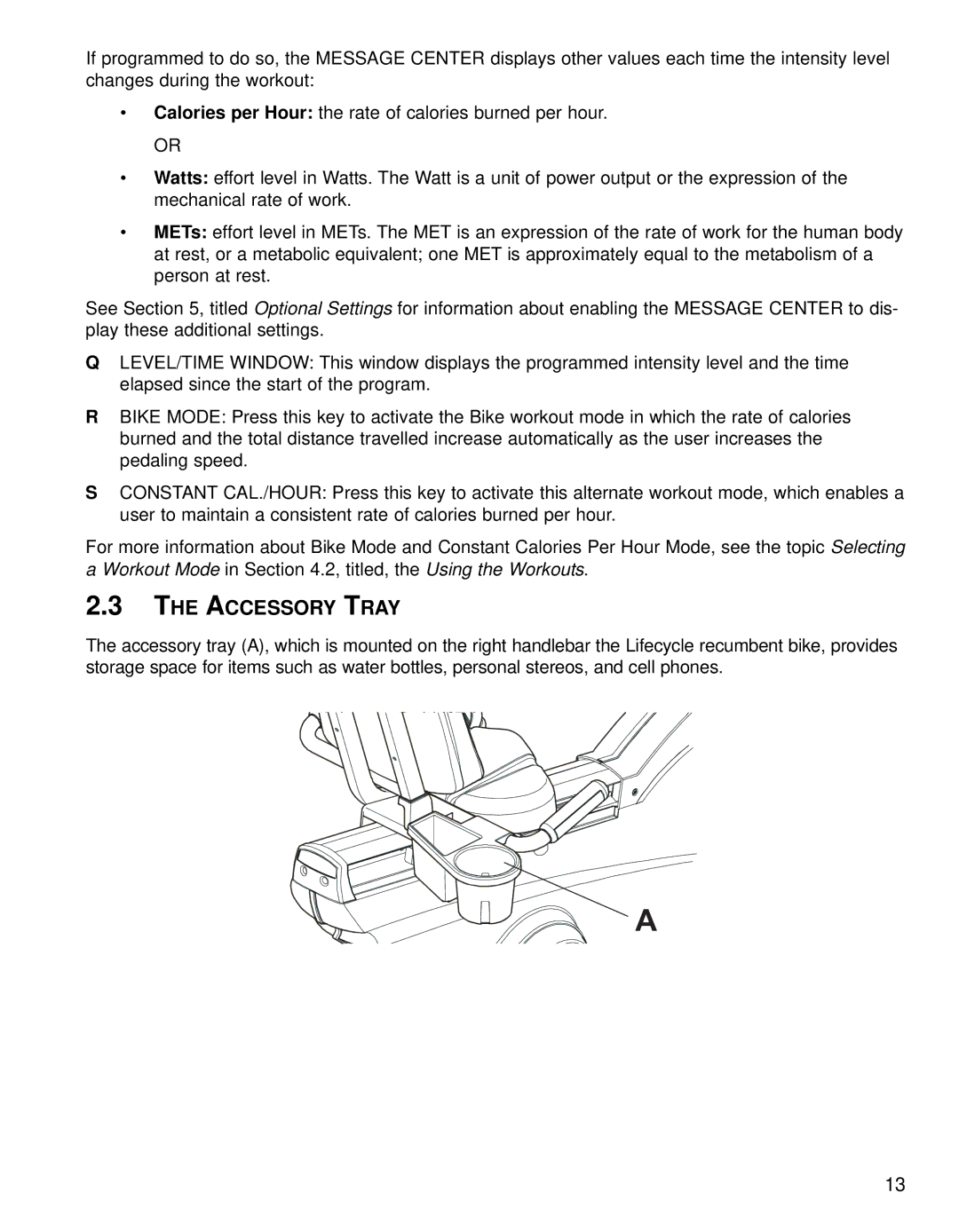 Life Fitness 95RI operation manual Accessory Tray 