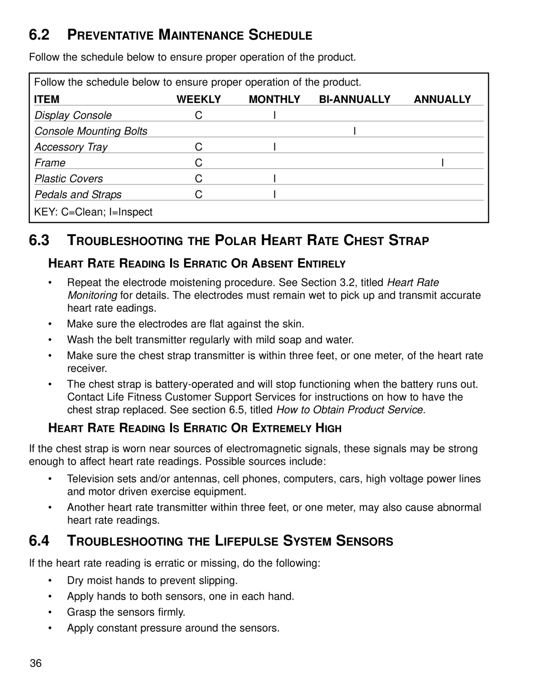 Life Fitness 95RI operation manual Preventative Maintenance Schedule, Troubleshooting the Polar Heart Rate Chest Strap 