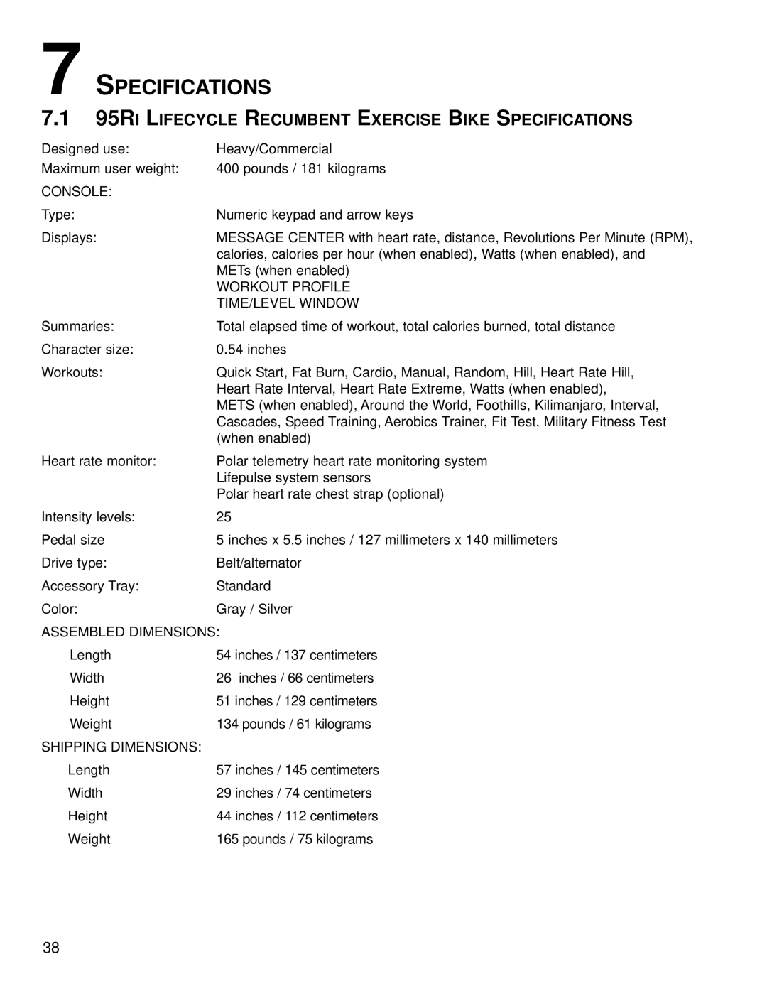 Life Fitness operation manual 95RI Lifecycle Recumbent Exercise Bike Specifications 