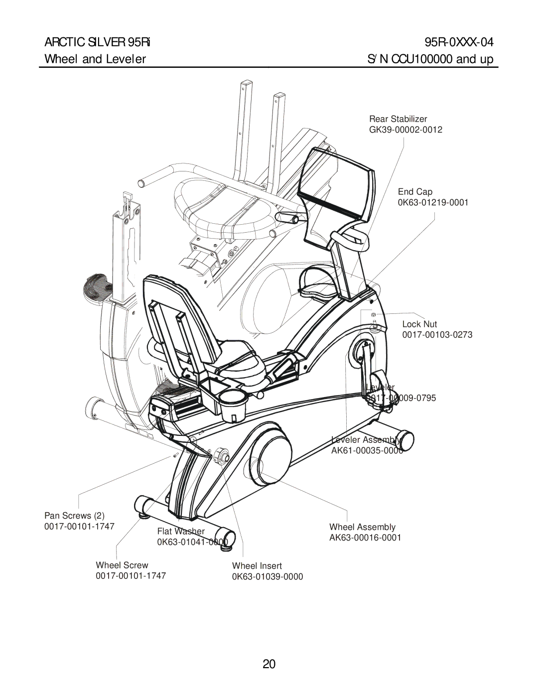 Life Fitness 95RI manual Arctic Silver 95Ri 95R-0XXX-04 Wheel and Leveler 