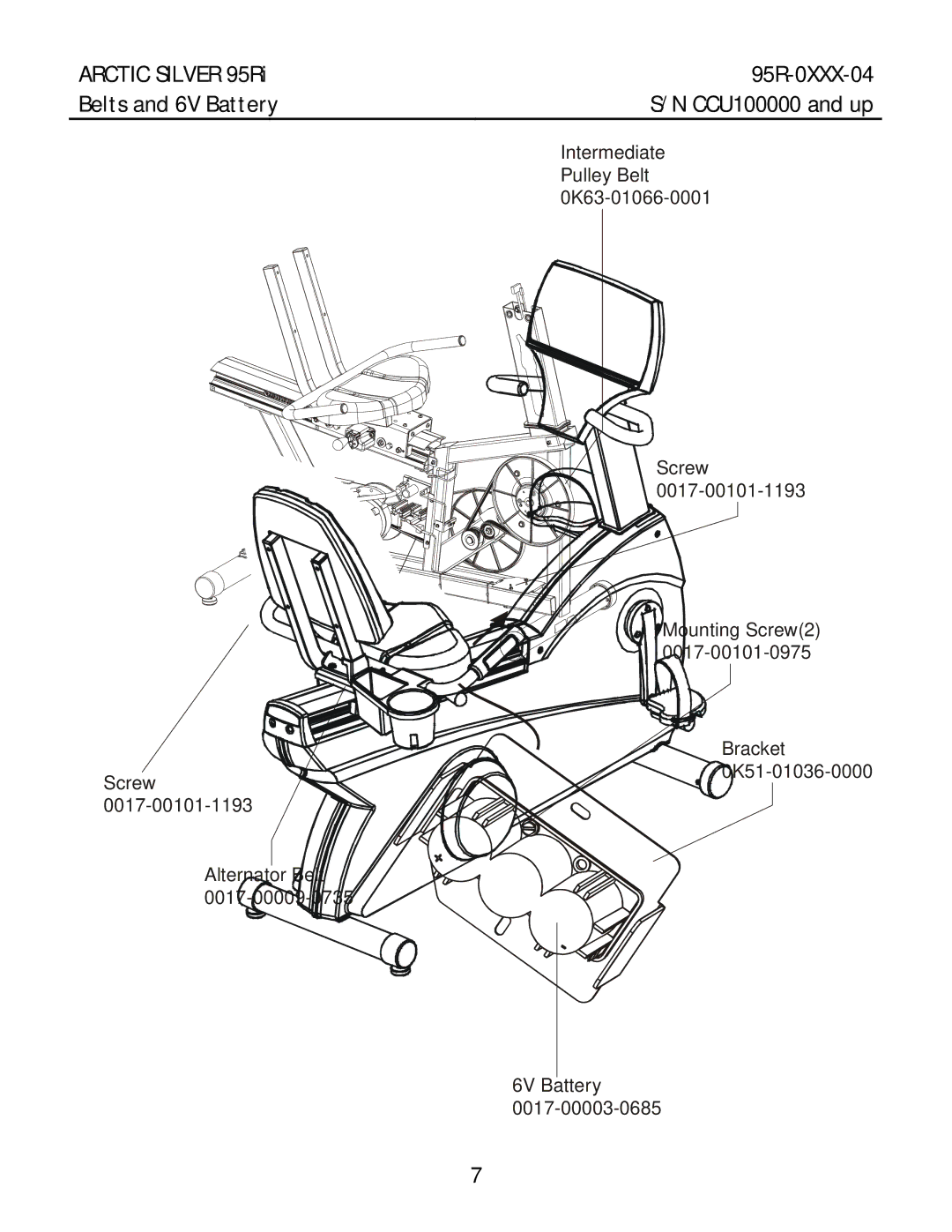 Life Fitness 95RI manual Arctic Silver 95Ri 95R-0XXX-04 Belts and 6V Battery 