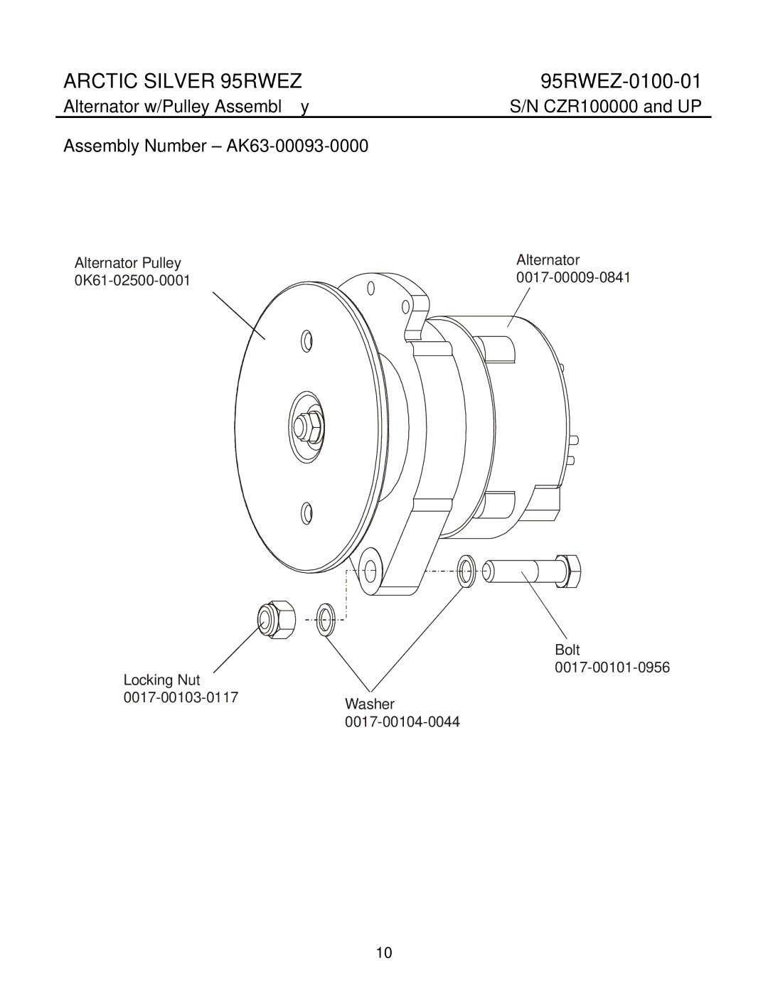 Life Fitness 95RWEZ manual Alternator w/Pulley Assembly, Assembly Number AK63-00093-0000 