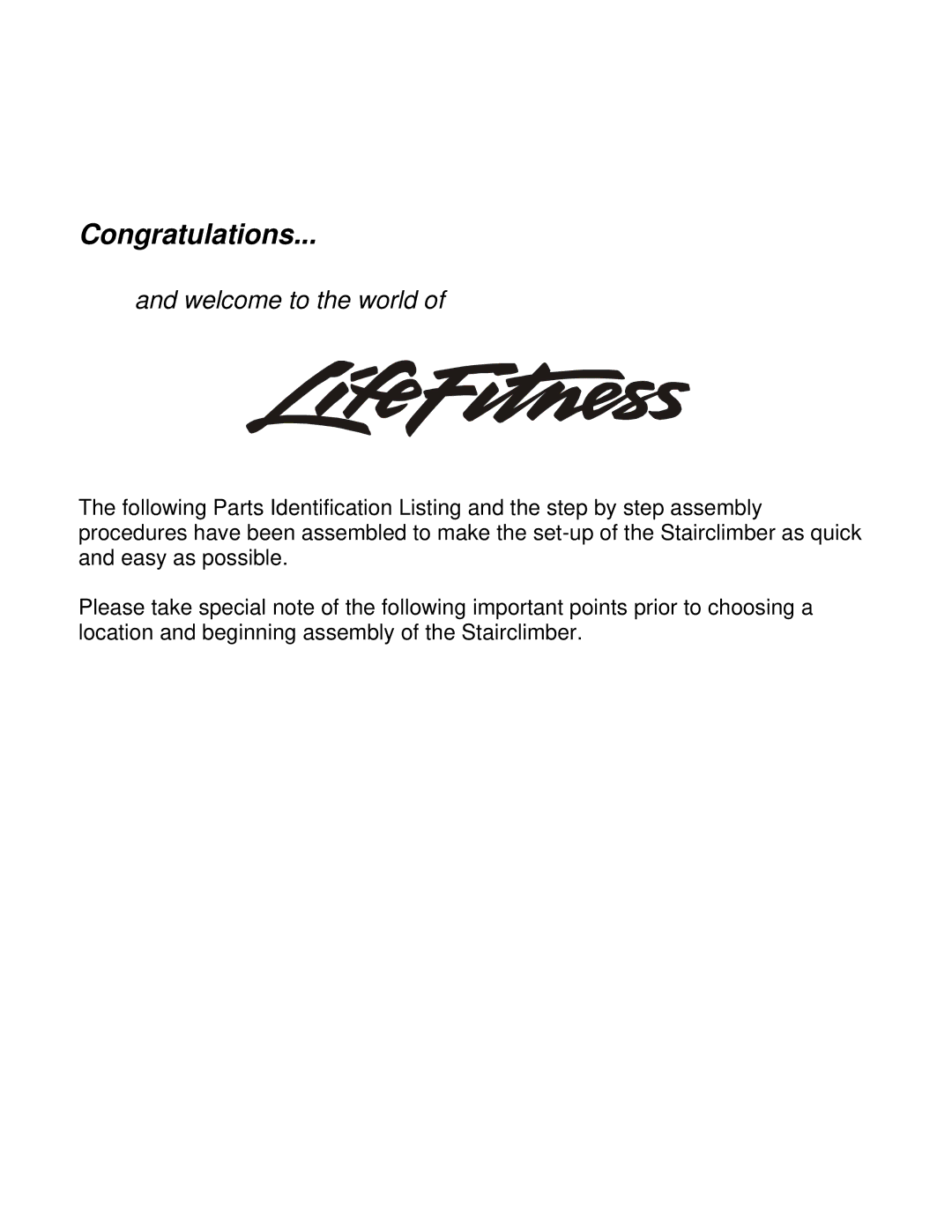 Life Fitness 95Se manual Congratulations 