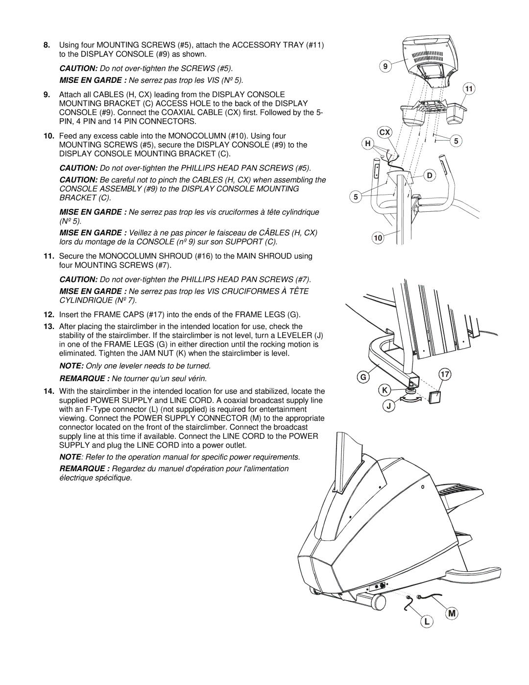 Life Fitness 95Se manual Mise EN Garde Ne serrez pas trop les VIS Nº 