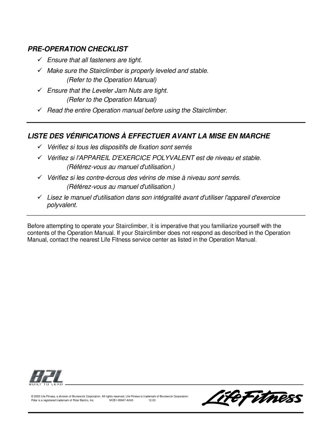 Life Fitness 95Se manual PRE-OPERATION Checklist 