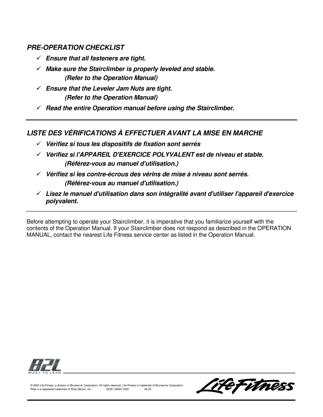 Life Fitness 95SI manual PRE-OPERATION Checklist 