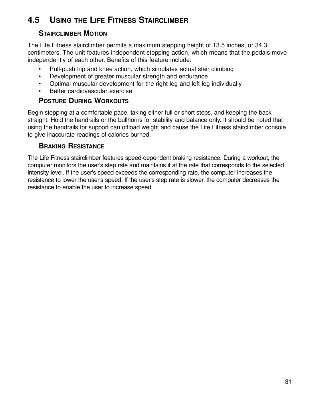 Life Fitness 95SI operation manual Using the Life Fitness Stairclimber 