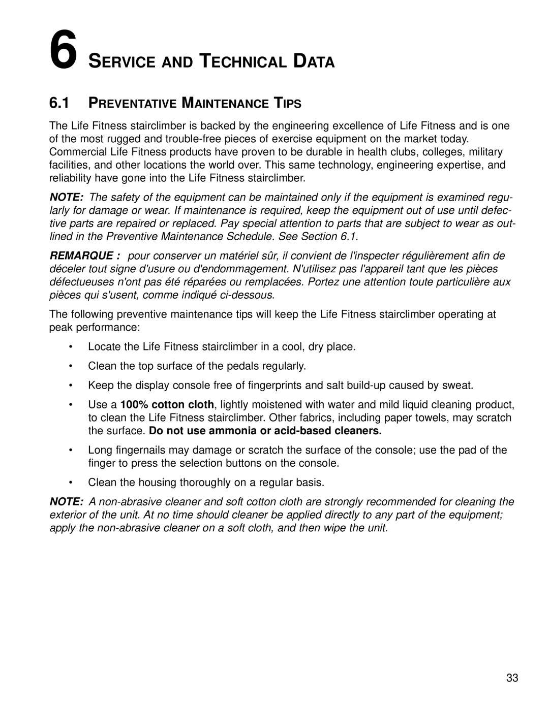 Life Fitness 95SI operation manual Service and Technical Data, Preventative Maintenance Tips 