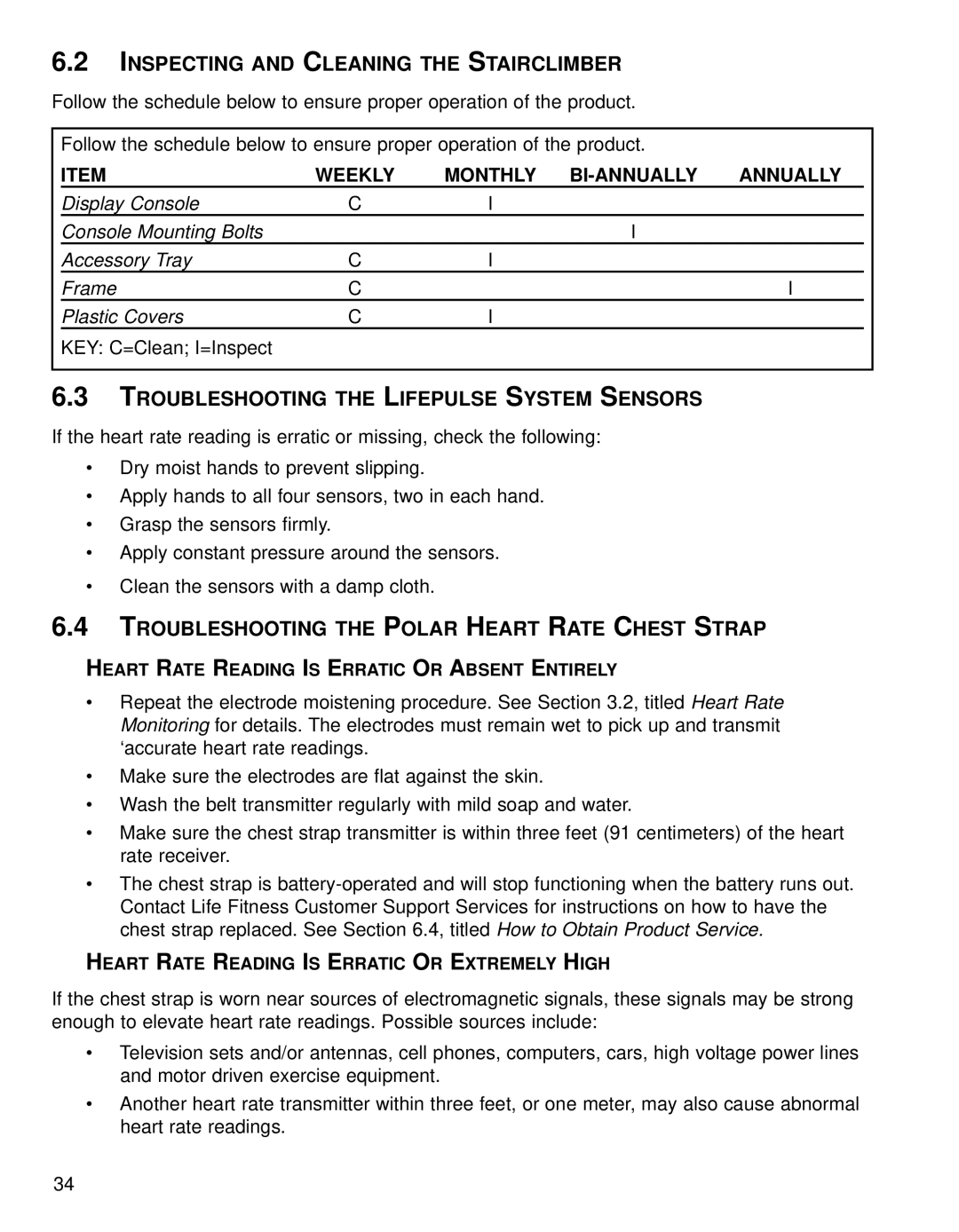 Life Fitness 95SI operation manual Inspecting and Cleaning the Stairclimber, Troubleshooting the Lifepulse System Sensors 