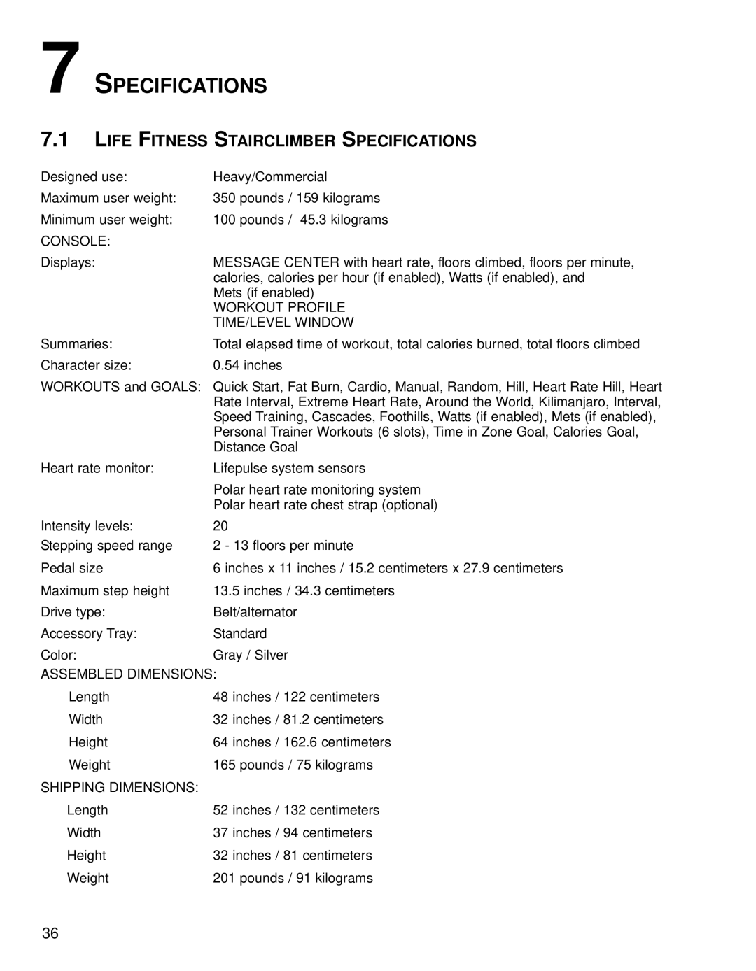 Life Fitness 95SI operation manual Life Fitness Stairclimber Specifications 