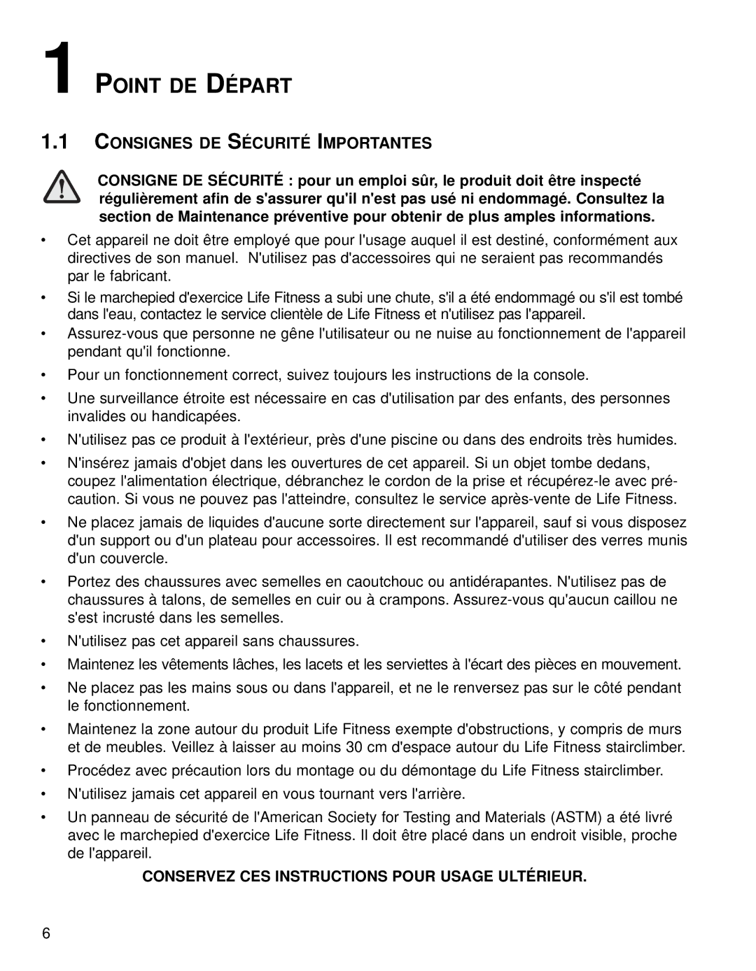 Life Fitness 95SI operation manual Point DE Départ, Consignes DE Sécurité Importantes 